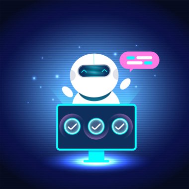Yapay zeka yardımcı sohbet robotu karakteri parlak bir ekranda belirir, kontrol işaretleri ve gelecekteki dijital arka planda konuşma baloncuğu ile görevi tamamlamayı gösterir.