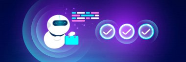 Yapay zeka asistanı robot elinde parlak işaretler ve kod elemanları olan bir alışveriş torbası tutuyor. Mor fonda akıllı alışveriş otomasyonunu simgeliyor..