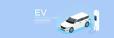 Beyaz elektrikli SUV 'a sahip EV Teknoloji kavramı bir istasyonda şarj oluyor, temiz ve mavi bir arkaplan üzerine kuruluyor, temiz enerjiyi, akıllı ulaşımı ve yeniliği simgeliyor.