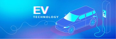 EV Teknoloji illüstrasyonunda canlı renkler ve fütüristik dijital arkaplan ile bir istasyonda şarj olan modern elektrikli bir araç yer alıyor..