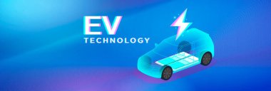 Pil yapısı ve güç sembolünü gösteren şeffaf bir elektrikli araba ile EV Teknoloji kavramı, temiz enerji ve otomotiv tasarımında yenilikleri vurguluyor.