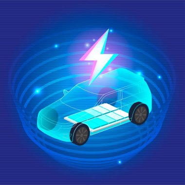 EV Electric SUV aracı mavi arka plandaki şarj istasyonuna bağlanıyor. Eko güç, EV şarj aleti, alternatif enerji, şarj edilebilir pil, otomobil endüstrisi, gelecekteki teknoloji. vektör.