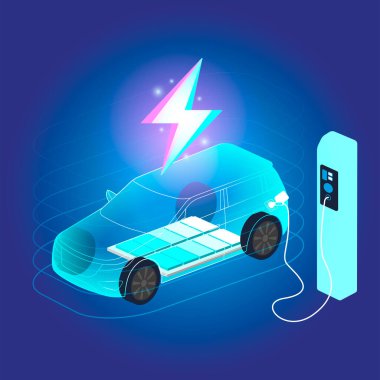 EV Electric SUV aracı mavi arka plandaki şarj istasyonuna bağlanıyor. Eko güç, EV şarj aleti, alternatif enerji, şarj edilebilir pil, otomobil endüstrisi, gelecekteki teknoloji. vektör.
