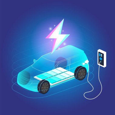 EV elektrikli araba mavi arka plandaki ev şarj istasyonuna bağlı. Çevre enerjisi. EV şarj aleti. Alternatif enerji. Şarj edilebilir pil. Araba endüstrisi. Geleceğin teknolojisi. Vektör.