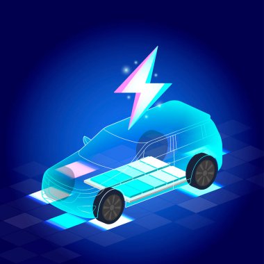 Şeffaf gövdeli fütüristik EV, batarya sistemini ortaya çıkarıyor. Parlayan bir yıldırım, koyu mavi yüksek teknoloji arka planına karşı kurulmuş şarjı simgeler..
