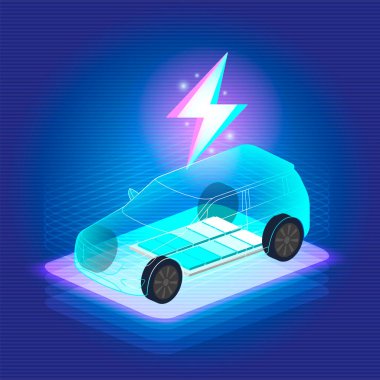 EV Electric SUV aracı mavi arka plandaki şarj istasyonuna bağlanıyor. Eko güç, EV şarj aleti, alternatif enerji, şarj edilebilir pil, otomobil endüstrisi, gelecekteki teknoloji. vektör.