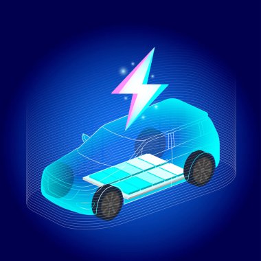 Fütüristik elektrikli araba anahatlı EV teknolojisi, batarya sistemini vurguluyor. Parlayan bir yıldırım, modern mavi eğimli arkaplana karşı oluşan yükü sembolize eder..