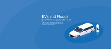 EV Electric SUV otomobil ve sel konsepti, su ile çevrili elektrikli bir araba ve şarj cihazını, kentsel sel sel durumlarında iklim risklerini ve güvenlik endişelerini temsil eden.