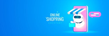 Çevrimiçi Alışveriş Asistanı Chatbot, AI tabanlı e-ticaret desteği ve dijital platformlarda sanal müşteri hizmetlerini temsil eden bir alışveriş çantasıyla cep telefonundan çıkıyor.