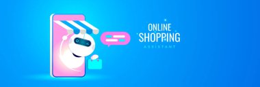 Çevrimiçi Alışveriş Asistanı Chatbot, AI tabanlı e-ticaret desteği ve dijital platformlarda sanal müşteri hizmetlerini temsil eden bir alışveriş çantasıyla cep telefonundan çıkıyor.