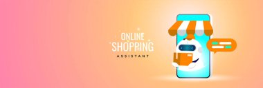 Çevrimiçi Alışveriş Asistanı robot, mobil e-ticaret platformlarında yapay zeka destekli müşteri desteği ve dağıtım hizmetlerini gösteren akıllı telefon ekranından bir paket sunar.