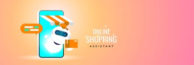 Çevrimiçi Alışveriş Asistanı robot, mobil e-ticaret platformlarında yapay zeka destekli müşteri desteği ve dağıtım hizmetlerini gösteren akıllı telefon ekranından bir paket sunar.