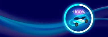 EV şarj resimlemesi görülebilir bir pil ve% 100 şarjlı elektrikli bir araç gösteriyor, fütürist koyu arkaplan üzerinde ışıldayan bir ilerleme çemberi ile çevrili.
