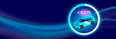 EV SUV şarj çizimi görülebilir pil ve% 100 şarjlı elektrikli bir araç gösteriyor, fütürist koyu arkaplan üzerinde ışıldayan bir ilerleme çemberi ile çevrili.
