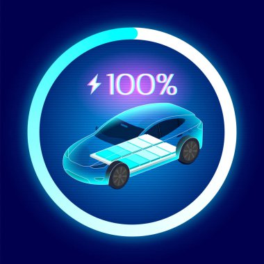 EV şarj resimlemesi görülebilir bir pil ve% 100 şarjlı elektrikli bir araç gösteriyor, fütürist koyu arkaplan üzerinde ışıldayan bir ilerleme çemberi ile çevrili.
