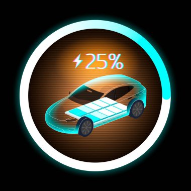 EV şarj konsepti modern elektrikli bir arabanın bataryasını% 25 gösteriyor. Yeşil enerji, sürdürülebilir ulaşım ve pil seviyesi göstergesi için yüksek teknolojili dijital ekran.