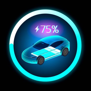 EV şarj konsepti modern elektrikli bir arabanın% 75 bataryalı olduğunu gösteriyor. Yeşil enerji, sürdürülebilir ulaşım ve pil seviyesi göstergesi için yüksek teknolojili dijital ekran.