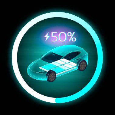 EV şarj konsepti modern elektrikli bir arabanın% 50 bataryalı olduğunu gösteriyor. Yeşil enerji, sürdürülebilir ulaşım ve pil seviyesi göstergesi için yüksek teknolojili dijital ekran.