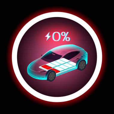 EV şarj konsepti modern elektrikli bir arabanın% 0 bataryası olduğunu gösteriyor. Yeşil enerji, sürdürülebilir ulaşım ve pil seviyesi göstergesi için yüksek teknolojili dijital ekran.