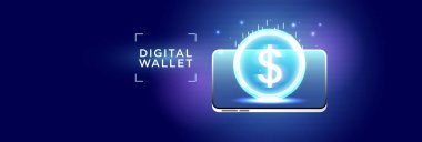 Akıllı telefon konseptinde dijital cüzdan. Fütürist neon arka planda cep telefonunun üstünde parlayan para. Fintech, mobil ödeme ve UI finansmanı için ideal.