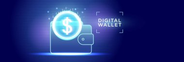 Fütürist arka planda parlayan dolar sembollü dijital cüzdan. Fintech uygulamaları, çevrimiçi ödeme ve sanal cüzdan teknolojisi için elektronik finans simgesi.