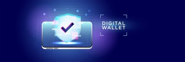 Dijital Cüzdan resmi güvenli bir cep telefonu ödeme sistemini gösteriyor, siber güvenlik, gizlilik ve güvenli finansal işlemleri sembolize eden işaretli simge ile parlayan bir kalkan içeriyor.
