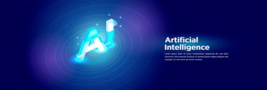 Parlak mavi 3D AI tipografisi ile yapay zeka kavramı dinamik dairesel neon dalgalarıyla çevrili fütürist karanlık arka plan, akıllı ve gelişmiş teknolojiyi sembolize ediyor.