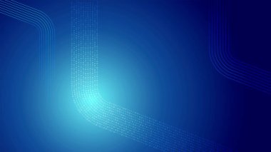 Yumuşak mavi bir gradyan üzerinde, veri hareketini ve yüksek teknolojili dijital iletişimi temsil eden eğimli dijital yollarda akan ikili kod.