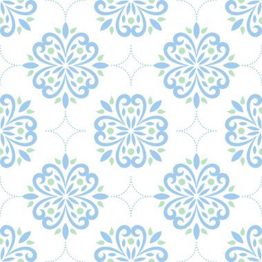 Beyaz arka planda kıvrımlı taç yaprakları ve yeşil aksanlı biçimlendirilmiş mavi çiçekleri içeren kusursuz bir vektör deseni. Tekstil, dijital duvar kağıdı ve yaratıcı projeler için mükemmel..