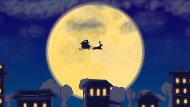 Silueta Santa Claus Sobí Vlak Létání Měsíci Pozadí Procházející Domy — Stock video