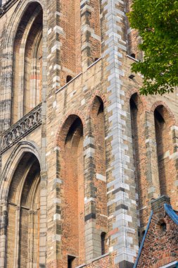 Mimari detaylar - kemerler, pencereler - ortaçağ Dom katedrali kilise kulesinin tuğlasında veya tahtasında, akşam güneşi altında ağaç yaprakları ve ön planda bir cephe ile, Utrecht, Hollanda