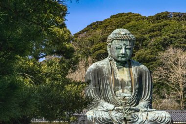 Japonya 'nın Tokyo yakınlarındaki Kamakura bölgesindeki Kotoku-in Tapınağı' nda 1252 tarihli bronz Daibutsu Büyük Buda heykeli. İkinci büyük Japon Buda Heykeli.