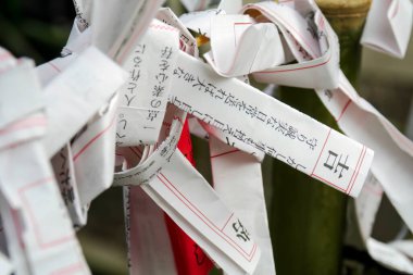 Papers showing various wished for fortune, in Japanese character writing in black on white paper with red accents, tied in a knot on a rope at Hanazono Shrine, a 17th Shinto shrine located in Shinjuku, Tokyo, Japan clipart