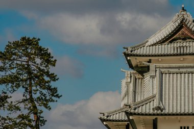 Kanazawa Kalesi 'nin görüşü, Japonya' nın feodal tarihinin ve kültürel mirasının bir sembolü. Kale beyaz alçıdan duvarlar ve çok katmanlı, kurşun kiremitli çatılar açık mavi bir gökyüzüne karşı duruyor. Şıklığın