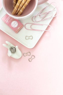 Beyaz ve gümüş kırtasiye aksesuarları içeren, açık pembe pastel arka plan çerçeveli kalemler ve boğa klipleri içeren ofis çalışma alanının kadınsı düz yatağı.