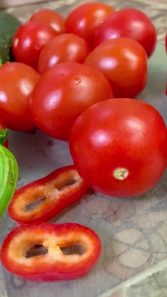 Λαχανικά Κουζίνα Οφέλη Υγεία Βιταμίνες Άνοιξη Φωτεινό Πιπέρι Ντομάτα Ντομάτες — Αρχείο Βίντεο
