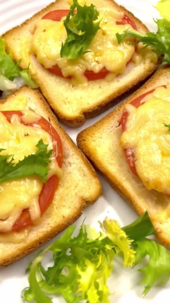 Sandwiches Cheese Simple Food Tomatoes Greens Salad Plate Red Colors — Stock Video