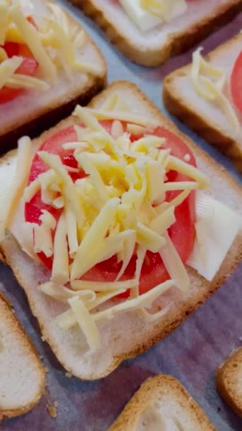 Sandwichs Fromage Aliments Simples Tomates Légumes Verts Salade Assiette Rouge — Video