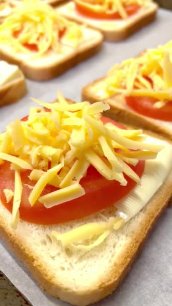 Sanduíche Assar Forno Gás Fogo Queijo Tomate Tomate Sanduíches Delicioso — Vídeo de Stock
