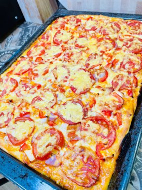 Fırın, pasta, pizza, un, hamur, kalori, yemek, ürün, yemek, lezzetli, iştah açıcı, peynir, domates, biber, evde, mutfak, masa, fırın, fırın