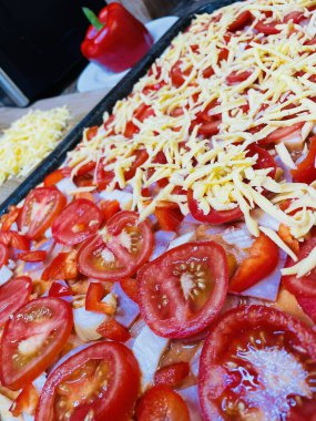 Fırın, pasta, pizza, un, hamur, kalori, yemek, ürün, yemek, lezzetli, iştah açıcı, peynir, domates, biber, evde, mutfak, masa, fırın, fırın