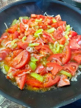 Domates, yahni, kızartma tavası, yemek, soba, mutfak, yemek, yemek, soğan, yağ, lezzet, aroma, kırmızı