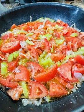 Domates, yahni, kızartma tavası, yemek, soba, mutfak, yemek, yemek, soğan, yağ, lezzet, aroma, kırmızı