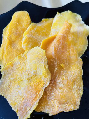 Kurutulmuş mango, meyve, vegan, sarı, altın, tabak, kurutulmuş meyve, yemek, yemek, yemek, mutfak, masa