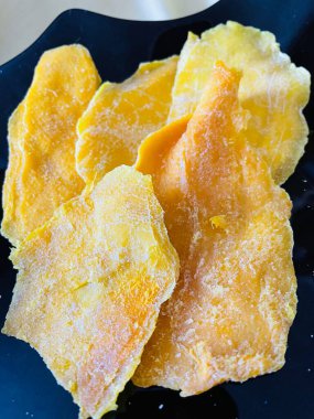 Kurutulmuş mango, meyve, vegan, sarı, altın, tabak, kurutulmuş meyve, yemek, yemek, yemek, mutfak, masa