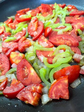 Domates, domates, soğan, biber, yağ, kızartma tavası, gaz, yemek, vitamin, kırmızı, yemek, lezzetli, yeşil