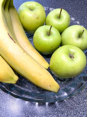 Elma, muz, meyve, vitamin, masa, tabak, mutfak, yemek, yeşil, sarı