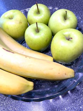 Elma, muz, meyve, vitamin, masa, tabak, mutfak, yemek, yeşil, sarı