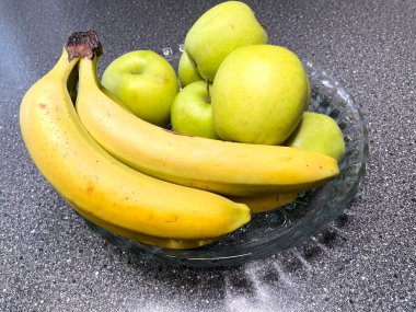 Elma, muz, meyve, vitamin, masa, tabak, mutfak, yemek, yeşil, sarı