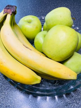 Elma, muz, meyve, vitamin, masa, tabak, mutfak, yemek, yeşil, sarı